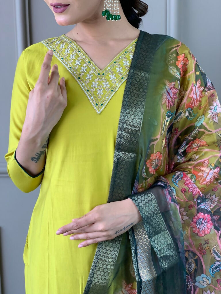 Partywear Designer Lemon Yellow Viscos Chanderi Stitched Suit With Dupatta - Tanisha | Swadesiicart