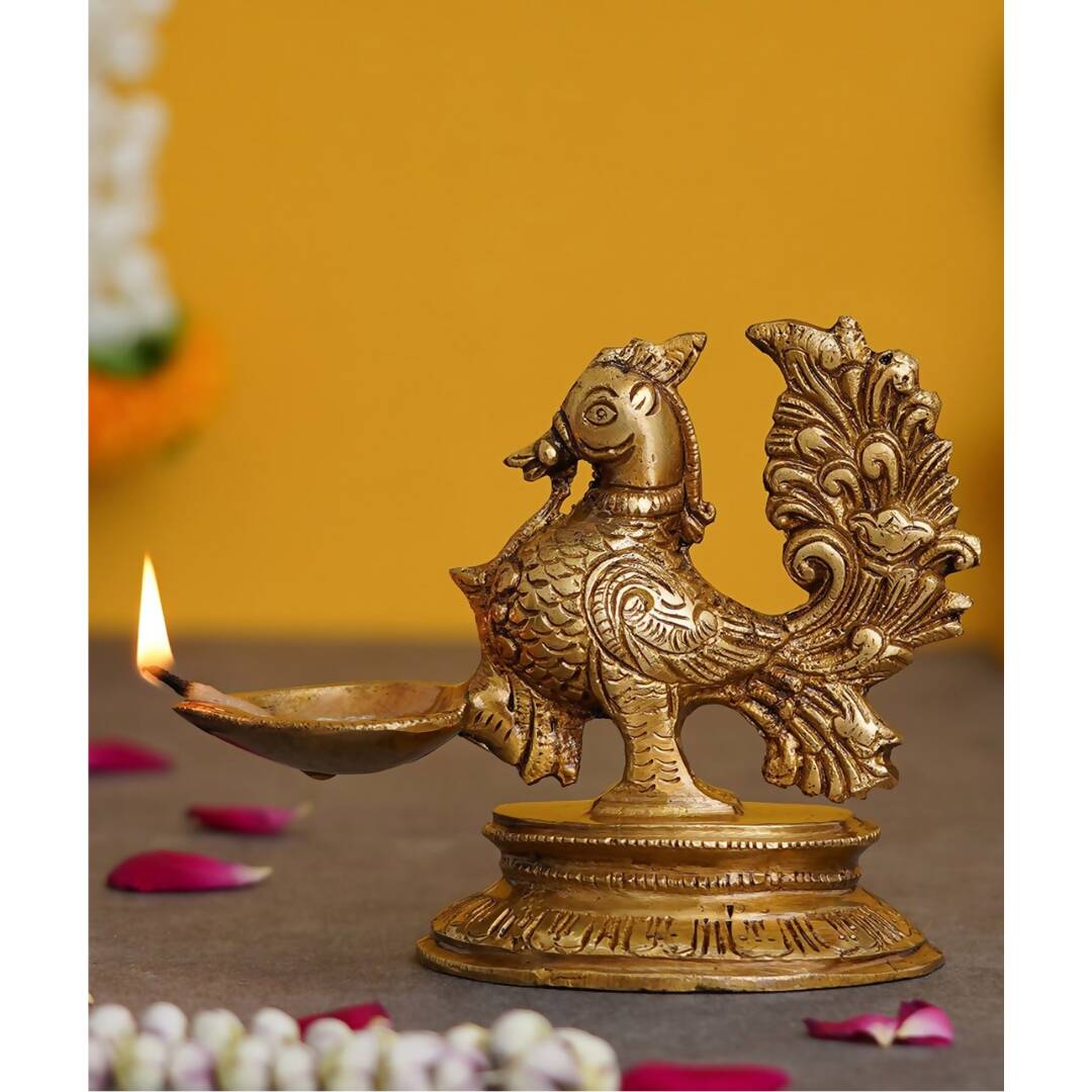 eCraftIndia Gold-Toned Peacock Brass Diya Stand | Swadesiicart