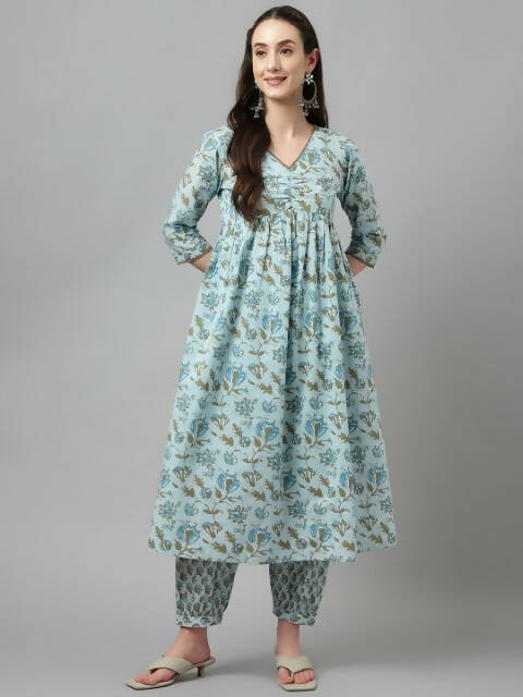 FIORRA Women's Sky Blue Pure Cotton Flared Kurta Set - Swadesiicart