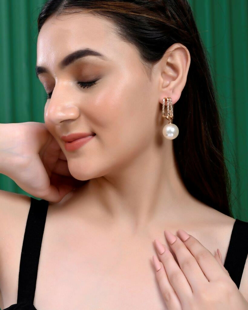 VOJ Set Of 2 Korean Drop Earrings - Gold-Polished and Silver Plated With White Pearl - Swadesiicart