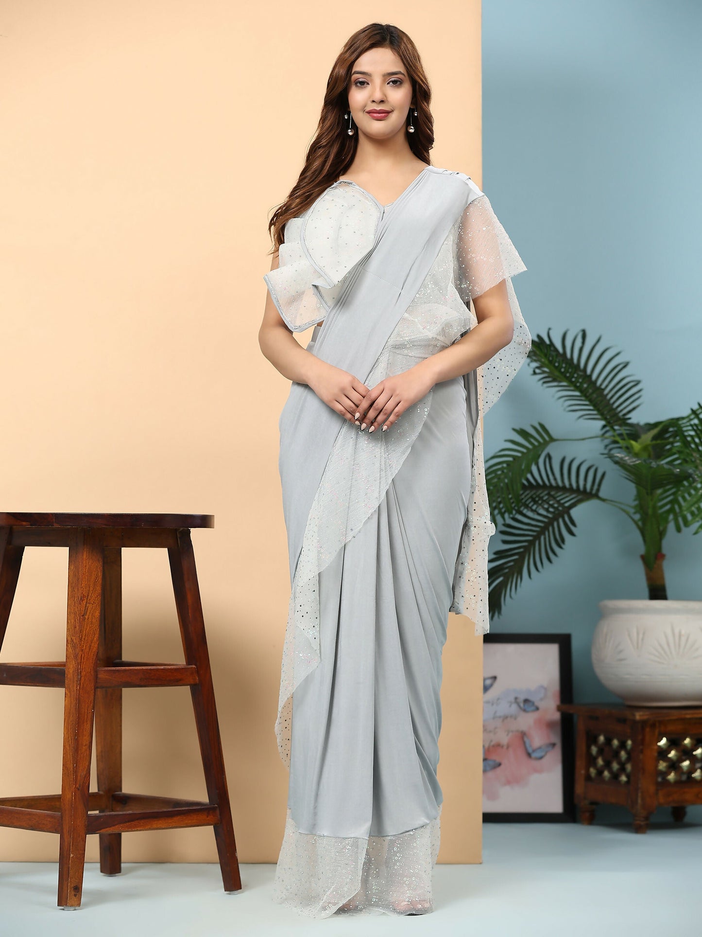 Light Grey Lycra Solid Ready to Wear Saree with stitched Blouse - Nita | Swadesiicart
