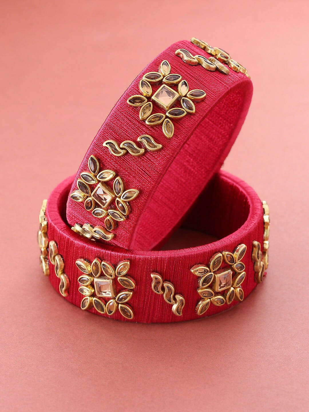 Priyaasi Women Set Of 2 Stones Studded Maroon Threaded Broad Bangles in Floral Pattern - Noz2Toz