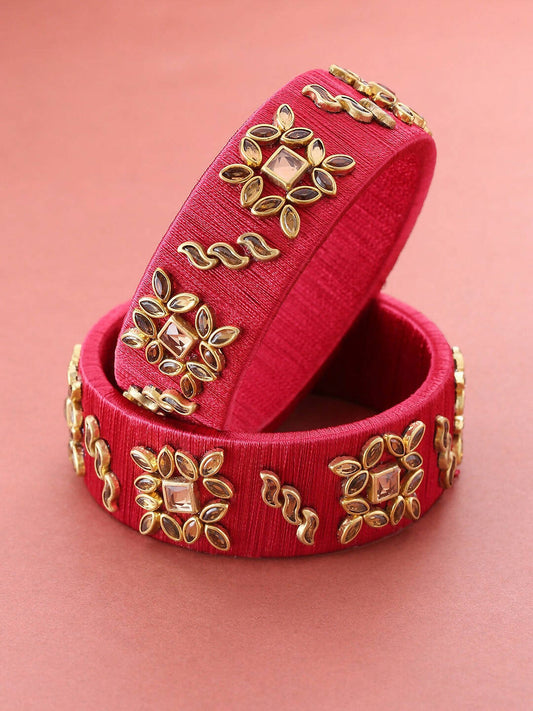 Priyaasi Women Set Of 2 Stones Studded Maroon Threaded Broad Bangles in Floral Pattern - Noz2Toz