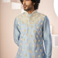 A Powder Blue Floral Hand Embroidered Nehru Jacket by Hilo Design