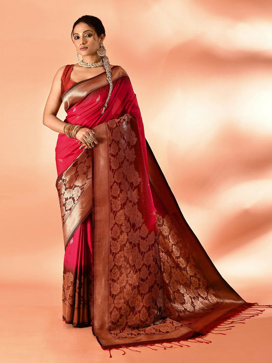 Joban Fashion Rani Pink & Bottle Green Plain With Weaving Border Banarasi Silk Sarees | Swadesiicart