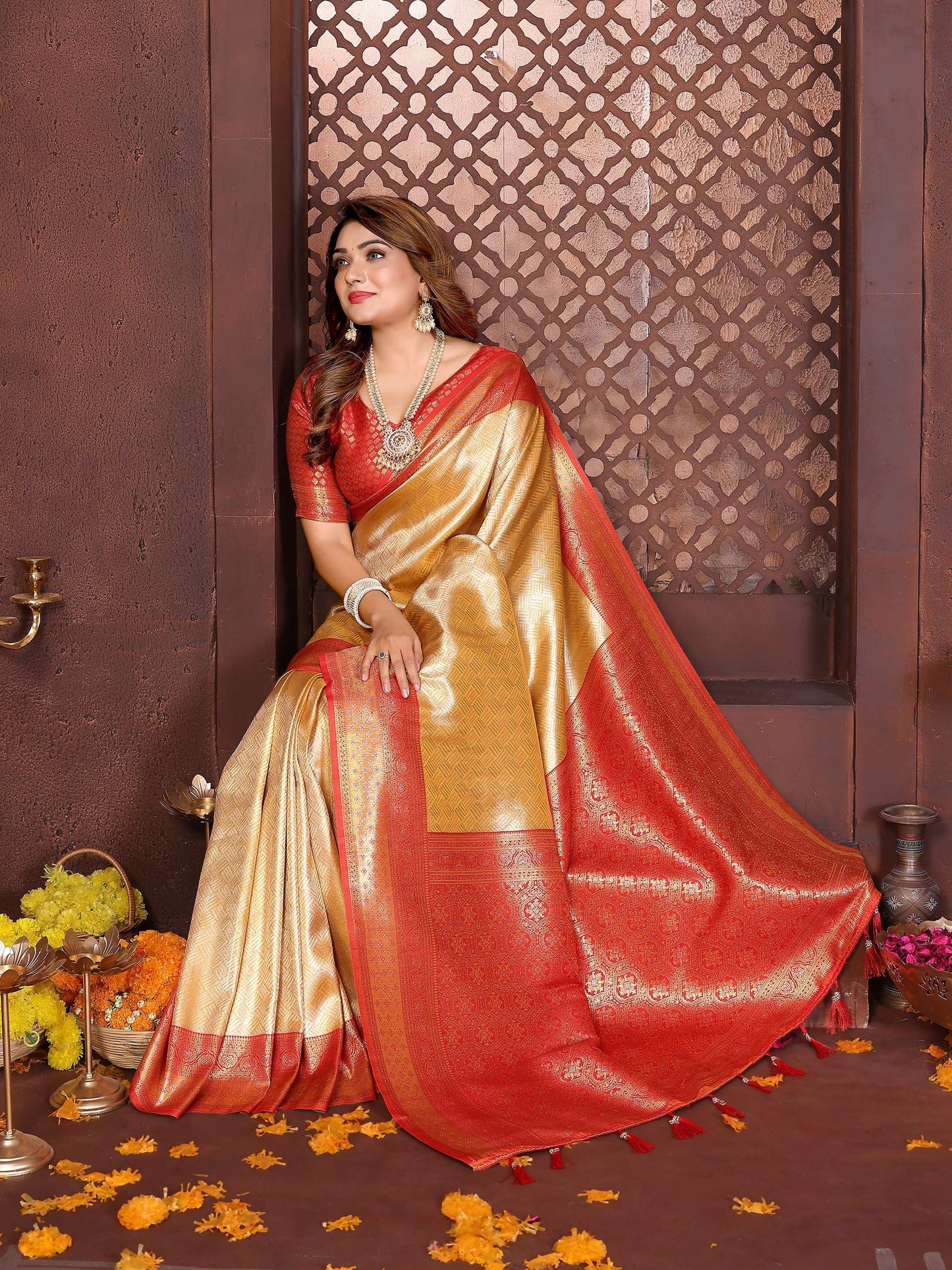 Aastha Fashion Cream Tissue Silk Woven Saree