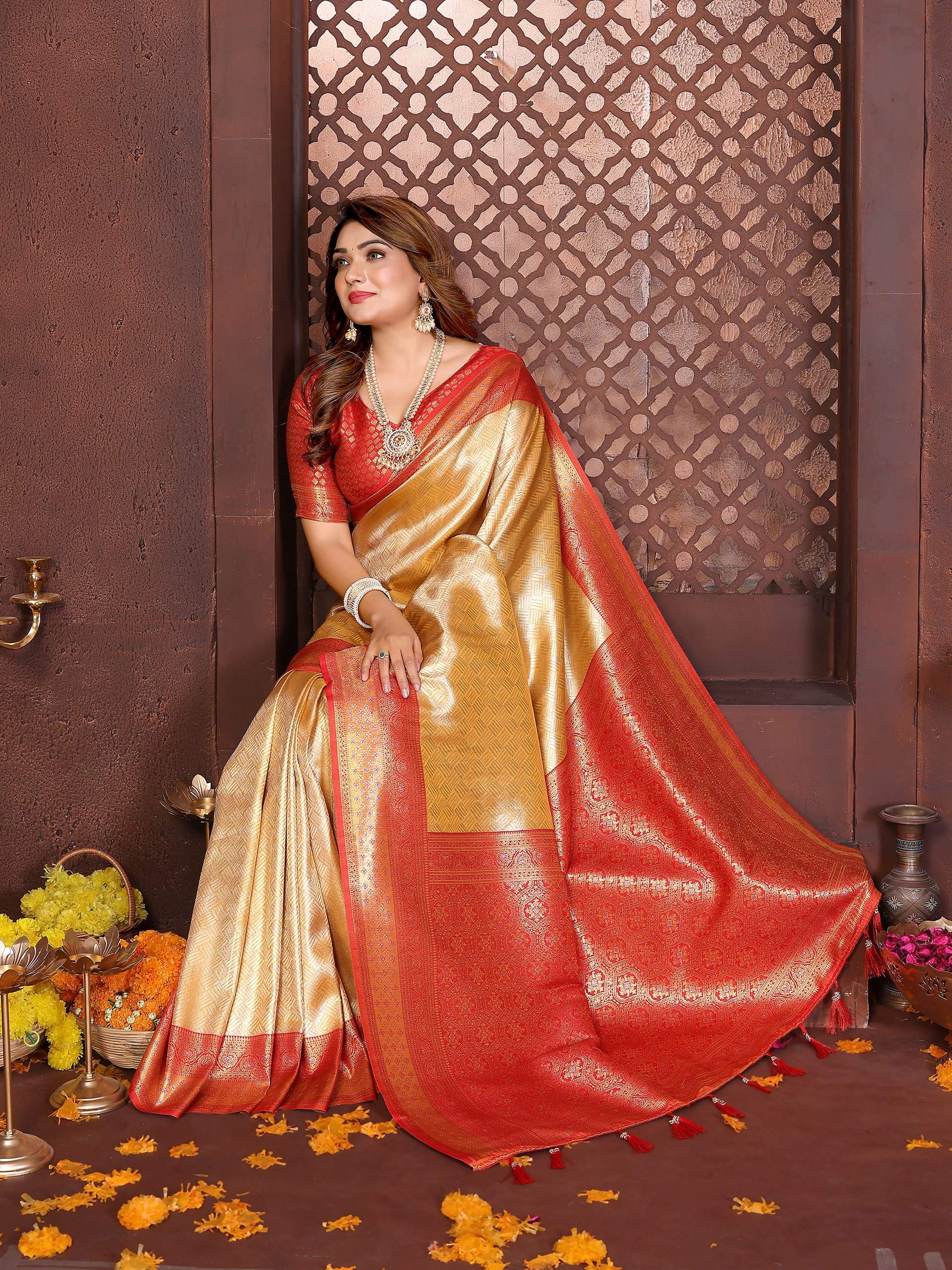 Aastha Fashion Cream Tissue Silk Woven Saree