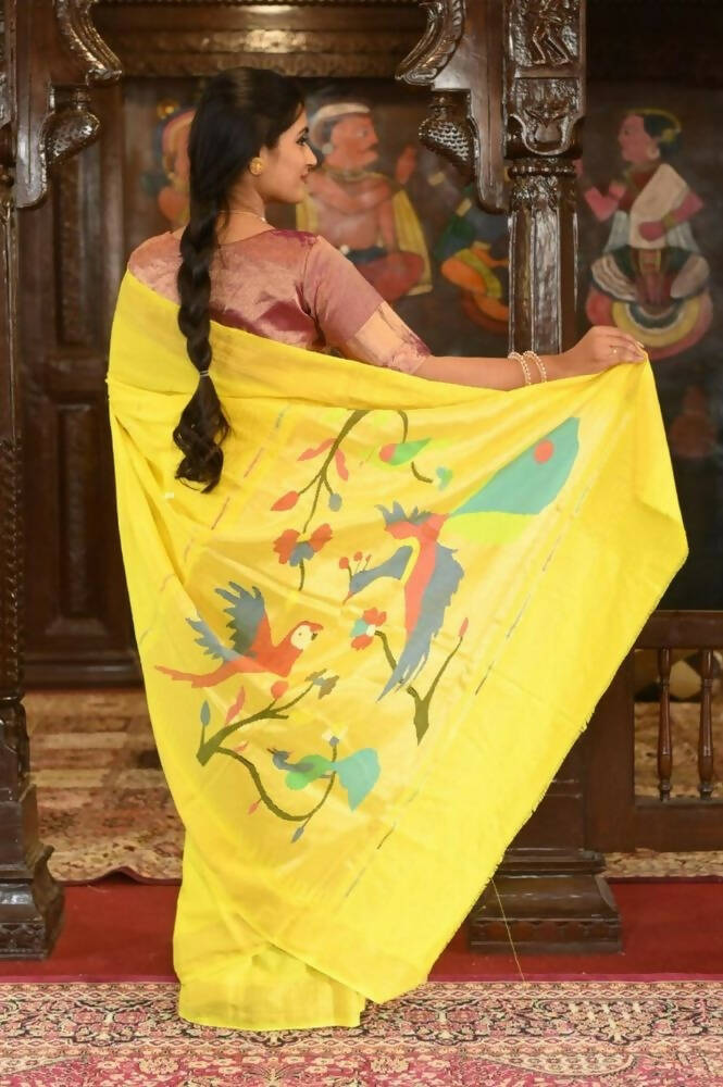 Very Much Indian Handloom Pure Cotton Paithani-Lime Yellow | Swadesiicart