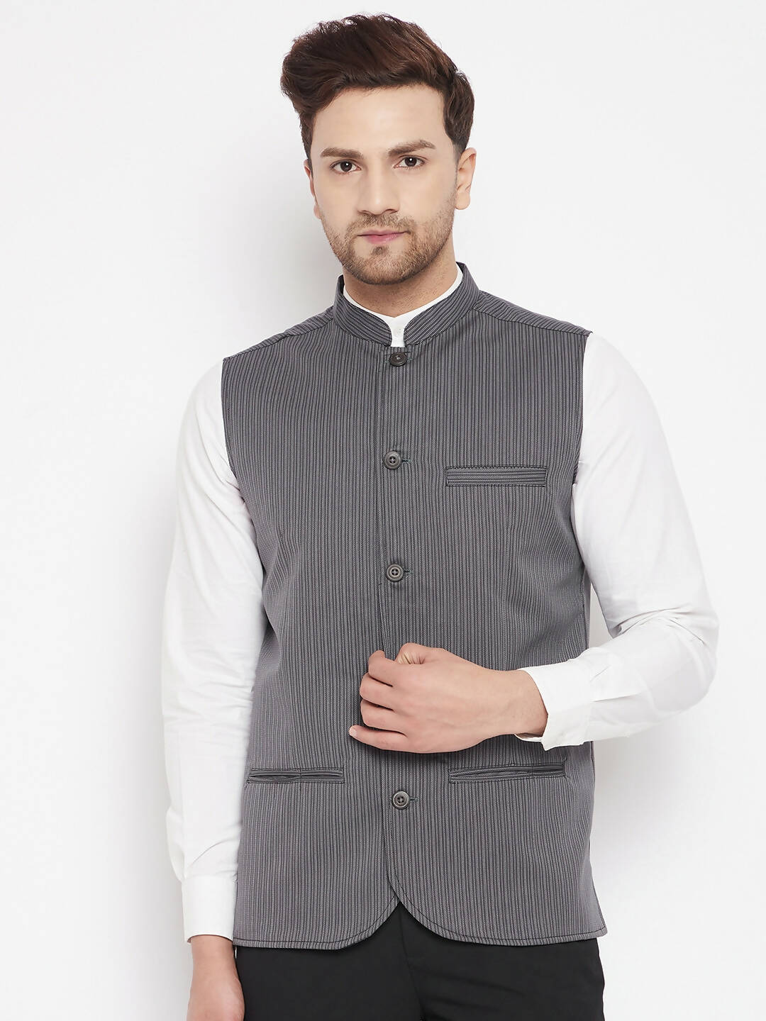 Even Apparels Grey Merino Men Woven Nehru Jacket BF708 | Swadesiicart