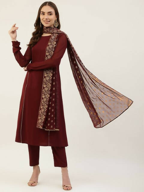 FIORRA Women's Maroon Poly Crepe Straight Kurta Pant With Dupatta - Swadesiicart