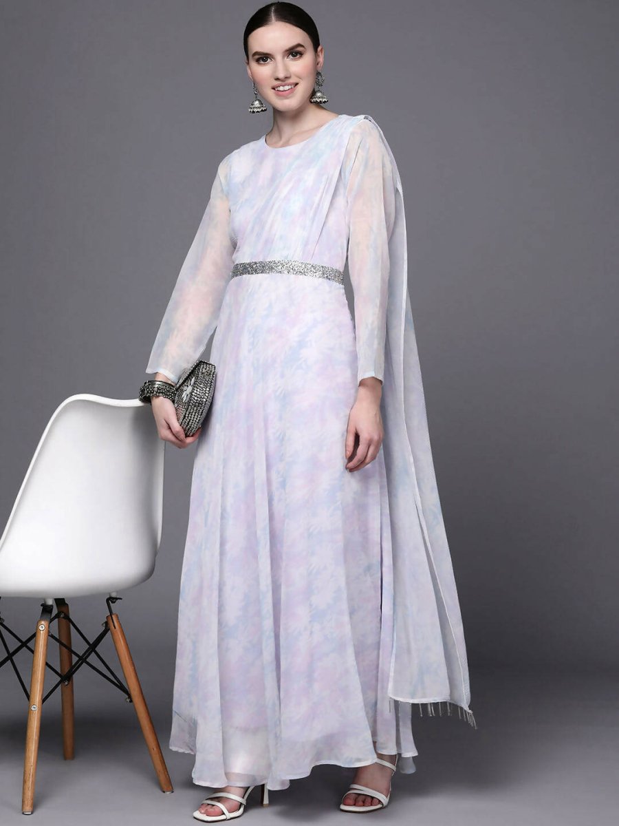 Ahalyaa Women Blue & White Floral Fit & Flare Maxi Ethnic Dress | Swadesiicart