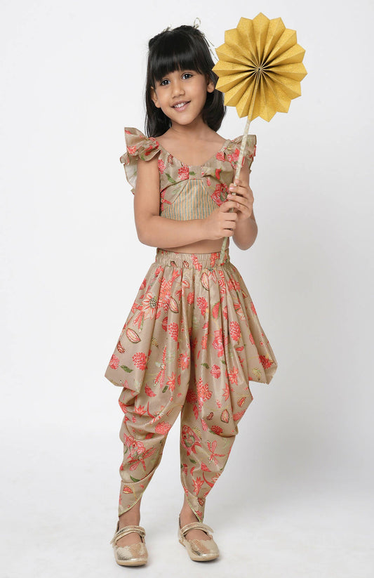 Lil Drama Golden Weaves Beige Crop Top With Dhoti Co-Ordinate Set - Swadesiicart