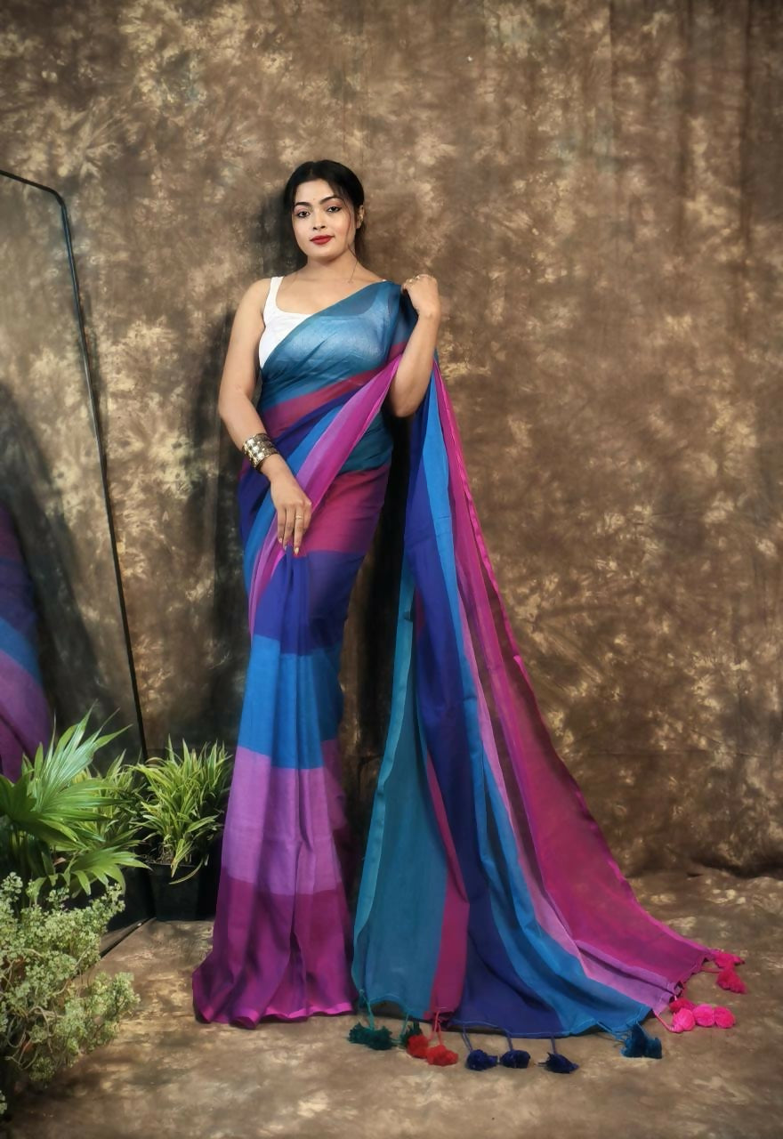 Exclusive Collection Beautiful Multi Pure Cotton Woven Handloom Saree With Running Blouse Piece - Swadesiicart