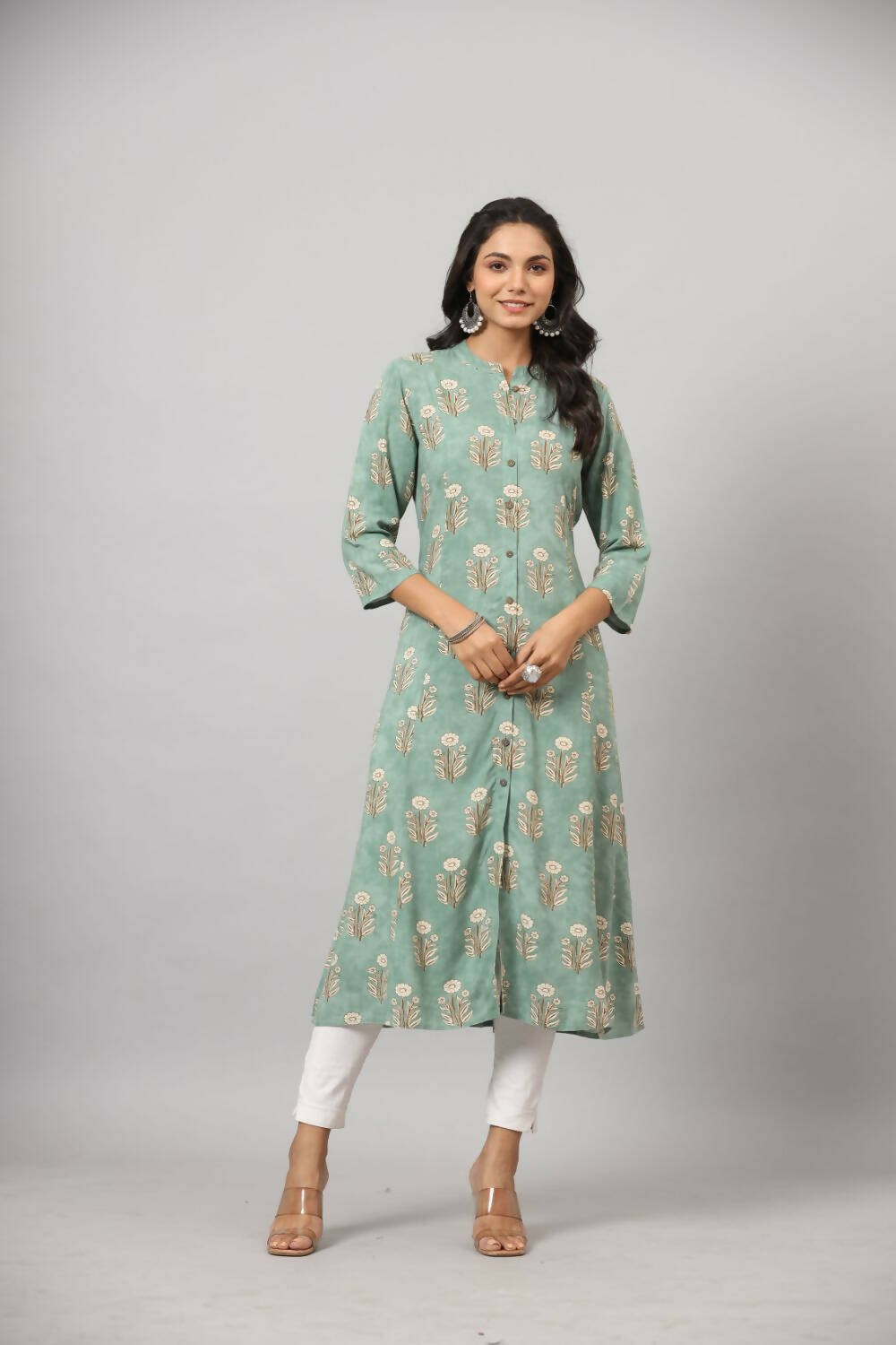 Juniper Women's Green Printed A-Line Kurta | Swadesiicart