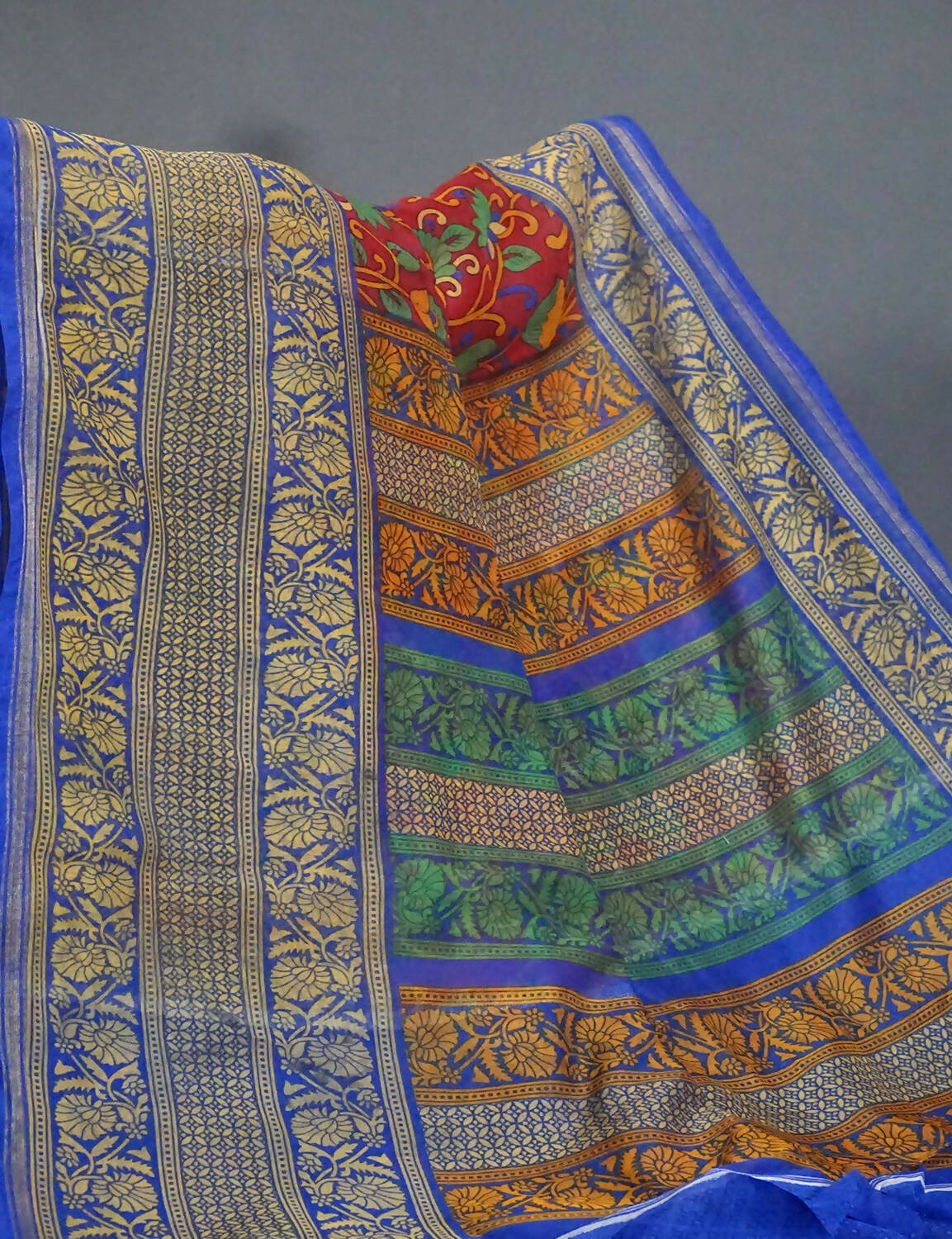 Vibrant Combination Of Maroon Red Kalamkaari Design Semi Chanderi Saree With Contrast Blouse By Gayathri Reddy Designer Studio | Swadesiicart
