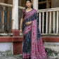 Vishnu Weaves Women's Black Cotton Silk Printed Saree with Blouse - Swadesiicart