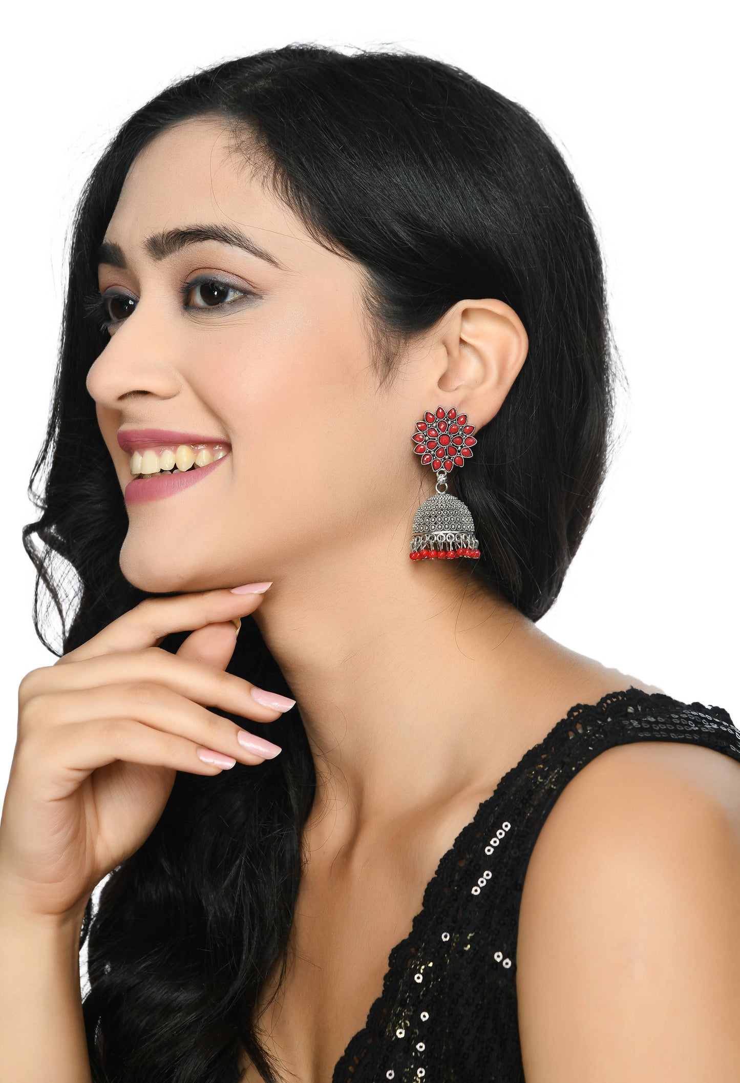 Mominos Fashion Johar Kamal Kundan Work Jhumka With Red Beads - Swadesiicart