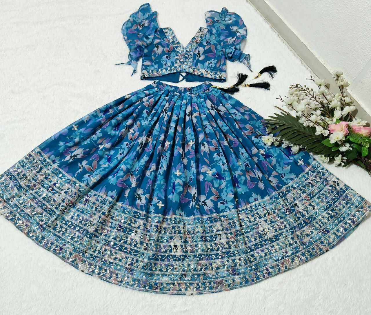 Jyoti Fashion Beautiful Blue Faux Georgette Digital Printed with Sequins Embroidered Kids Lehenga Choli Set | Swadesiicart