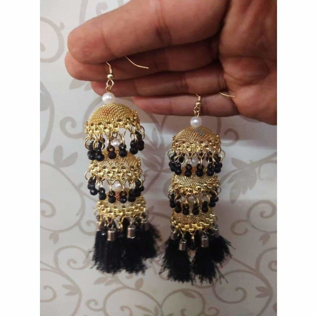 MS Fashion India Latkan Gold Color Jhumkas With Black Color Beads And Silk Threads | Swadesiicart