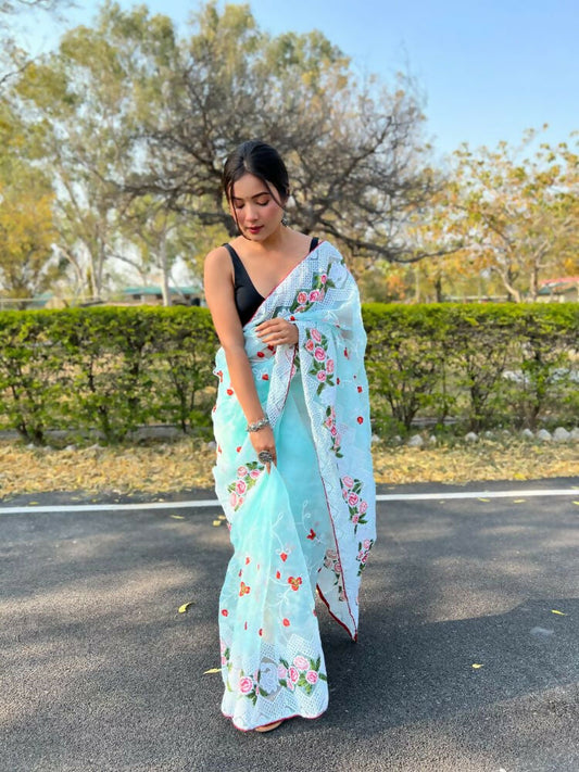 Vamsee Kamaljaal Sky Organza Saree - Swadesiicart