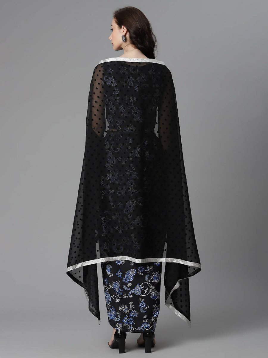 Ahalyaa Women's Black Color Crepe Digital Print Top Skirt With Shrug | Swadesiicart