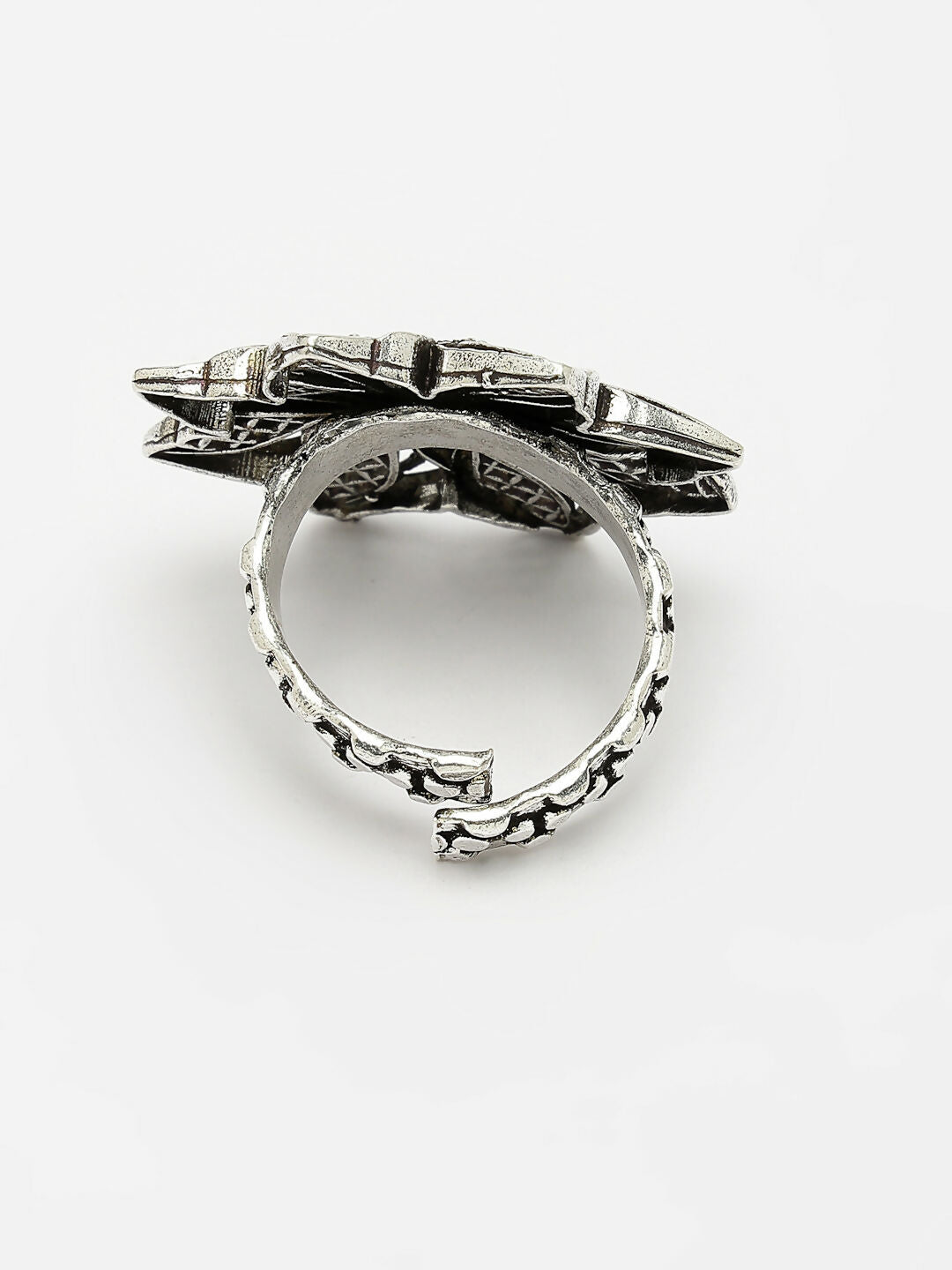 NVR Women's Silver-Toned Floral Shape Adjustable Finger Ring | Swadesiicart