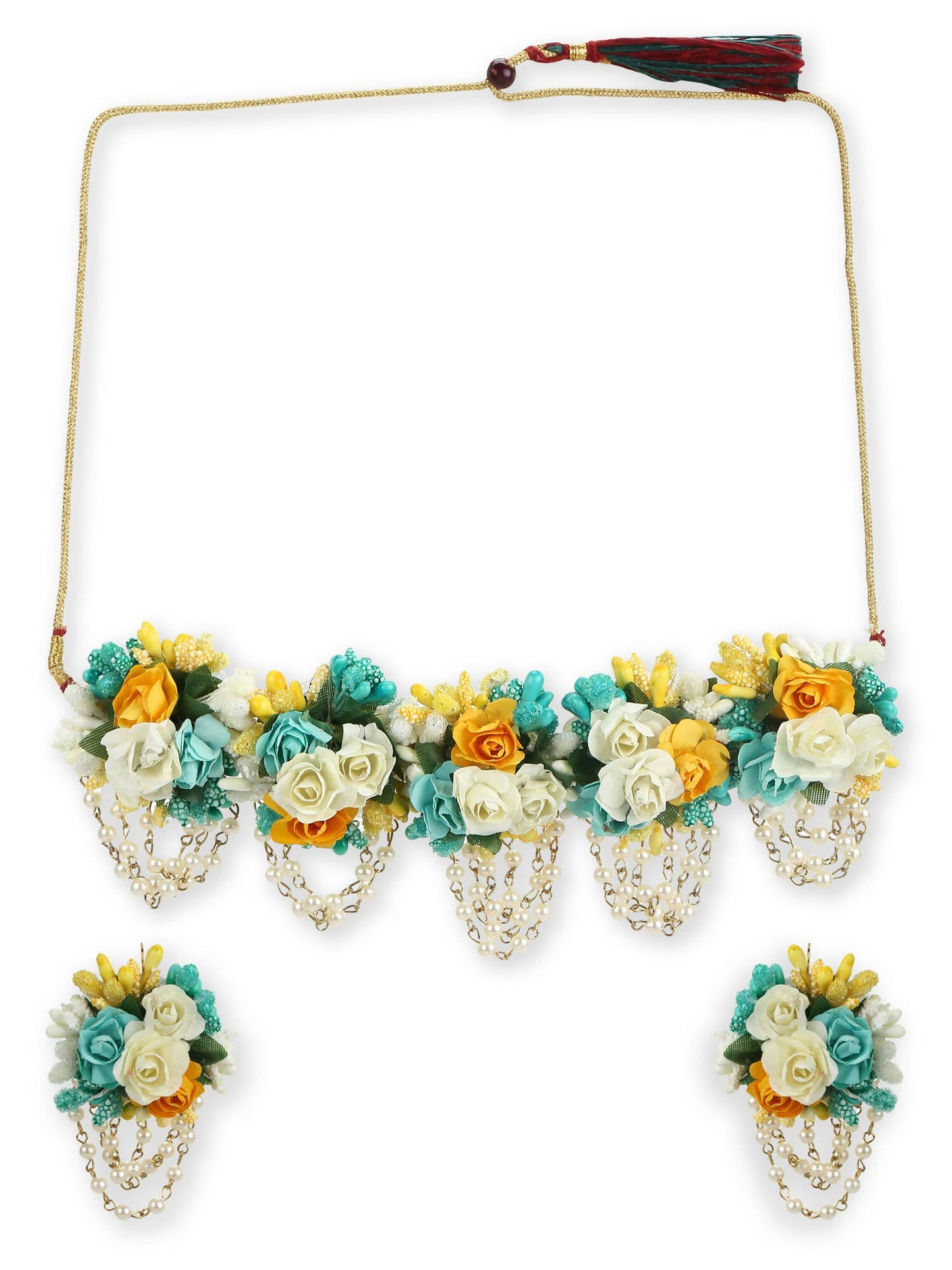 Flower Jewellery Gold-Polished Turquoise Blue Floral Jewellery Set - Ruby Raang - Swadesiicart