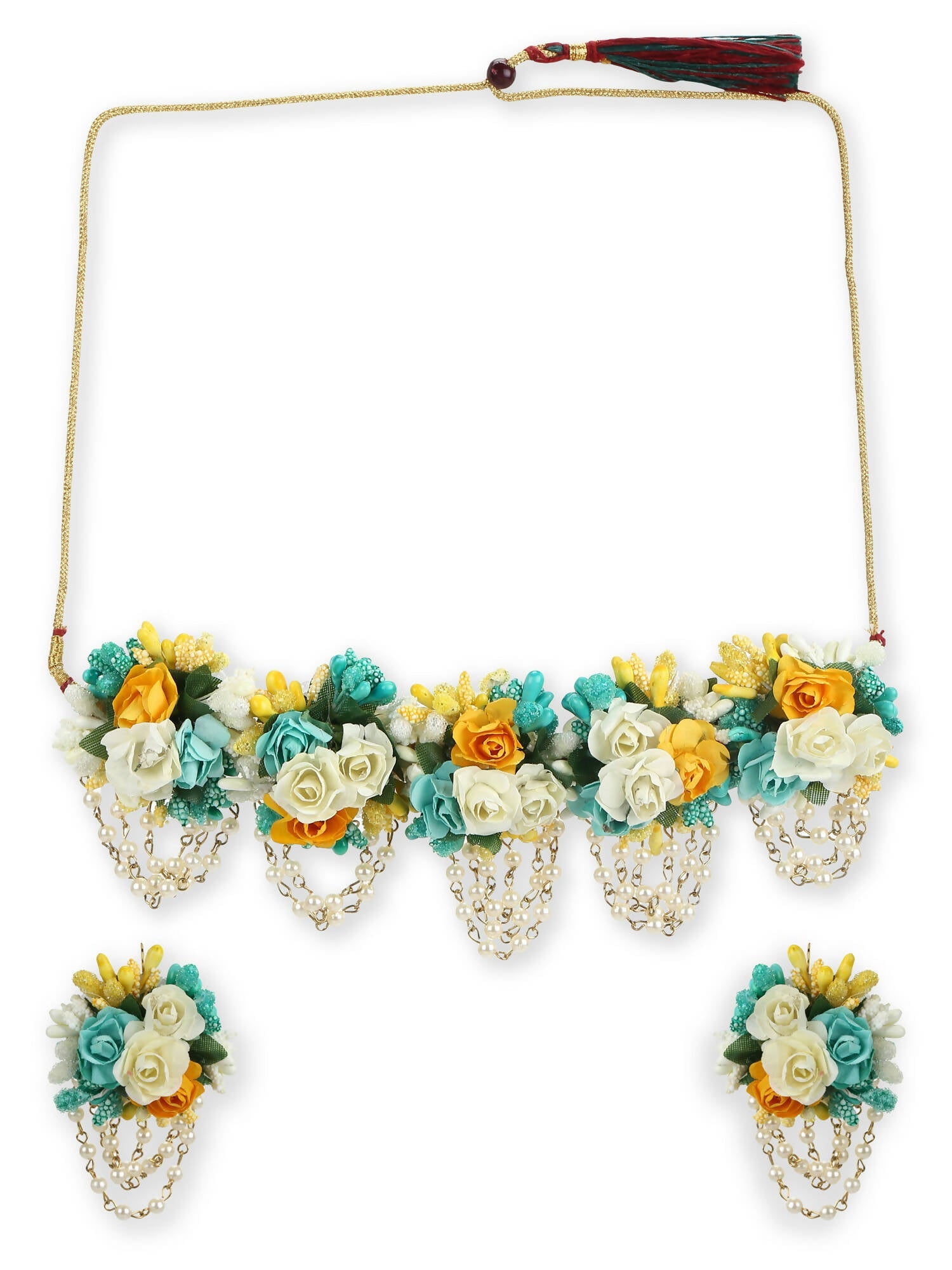 Flower Jewellery Gold-Polished Turquoise Blue Floral Jewellery Set - Ruby Raang - Swadesiicart