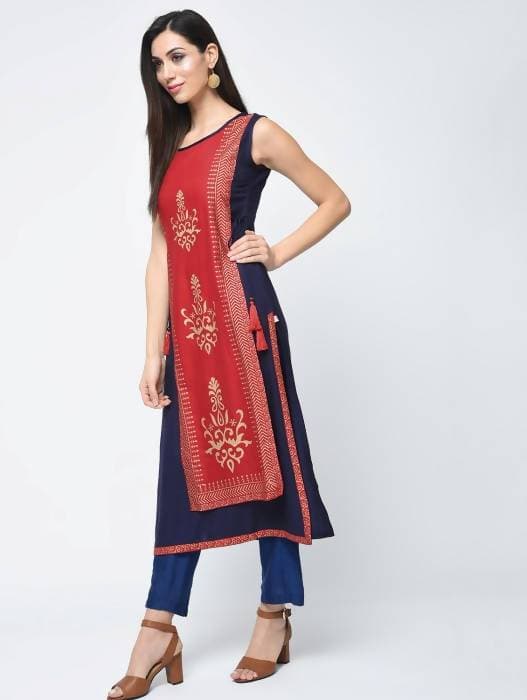 Aniyah Rayon Block Printed Layered Kurta In Red (AN-120K) - Swadesiicart