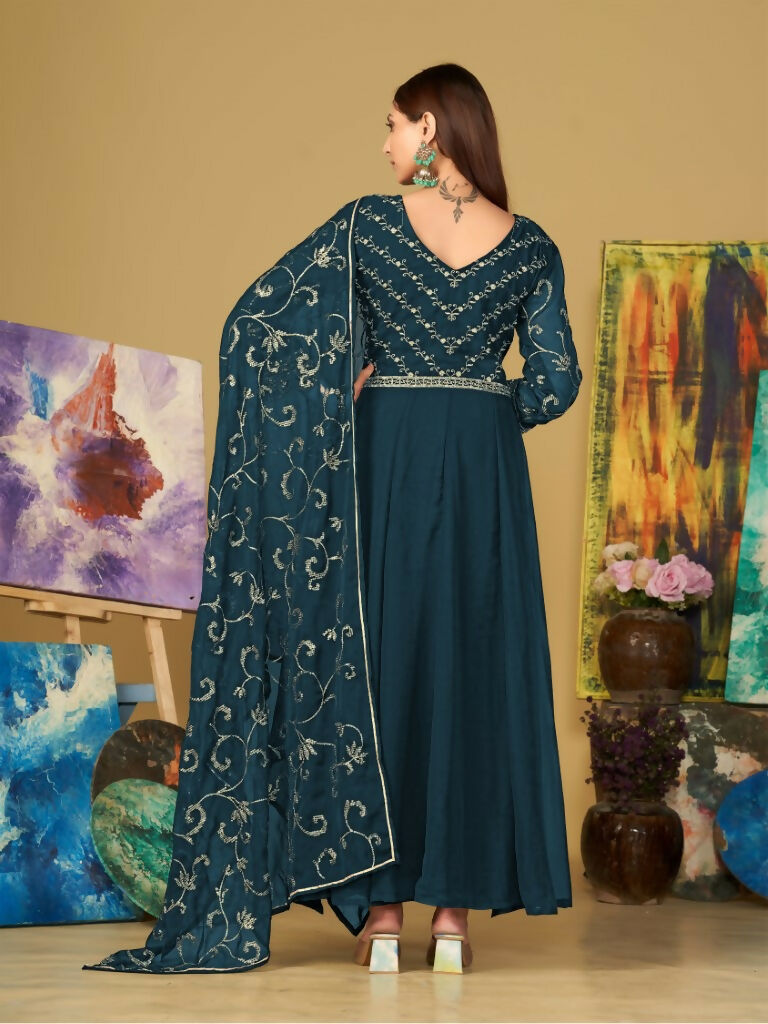 Jyoti Fashion Women's Teal Georgette Embroidered Anarkali Kurta Pant Set With Dupatta | Swadesiicart