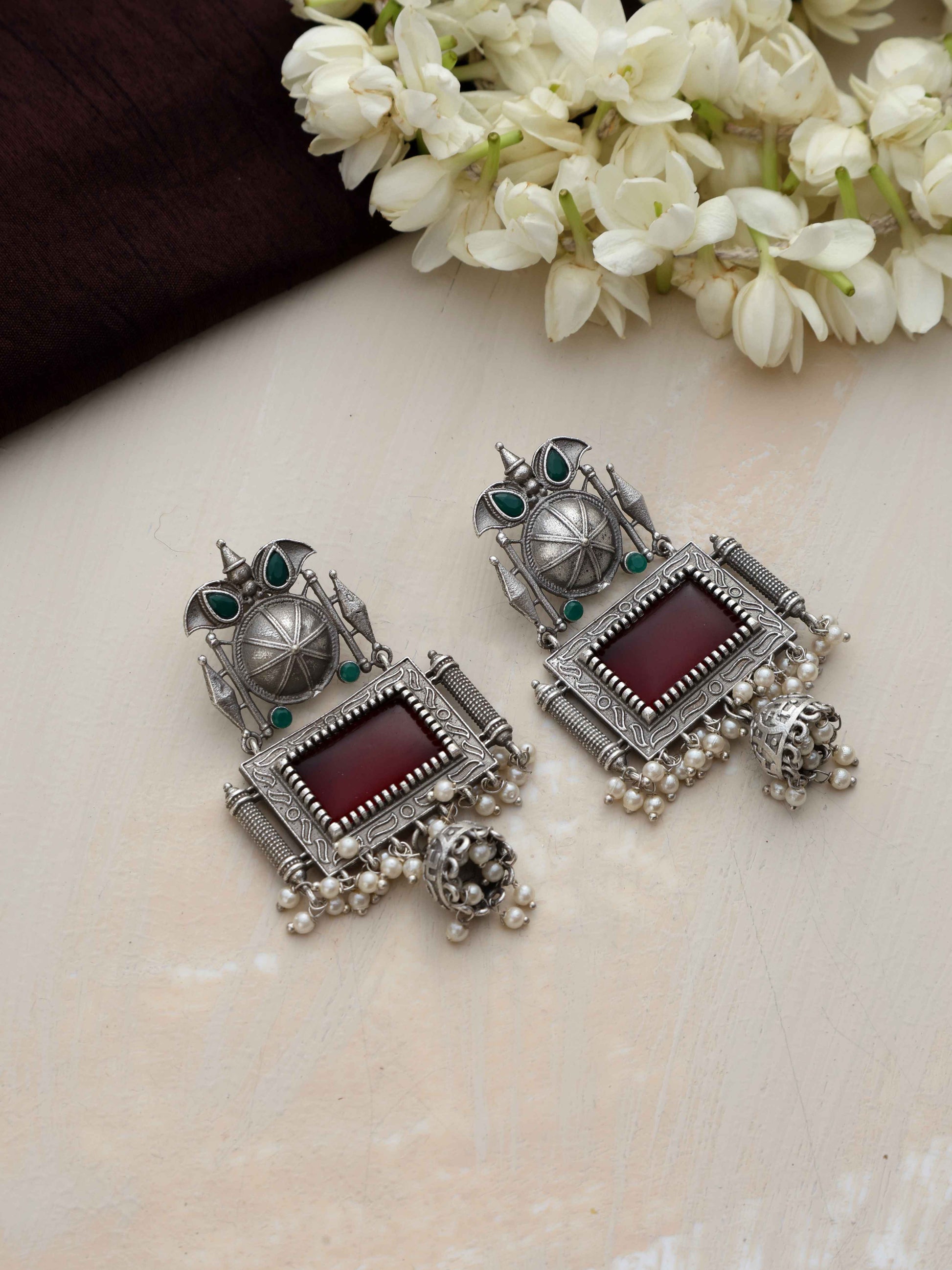 trueBrowns Silver Tone Red Stone Dangle Earrings - Swadesiicart