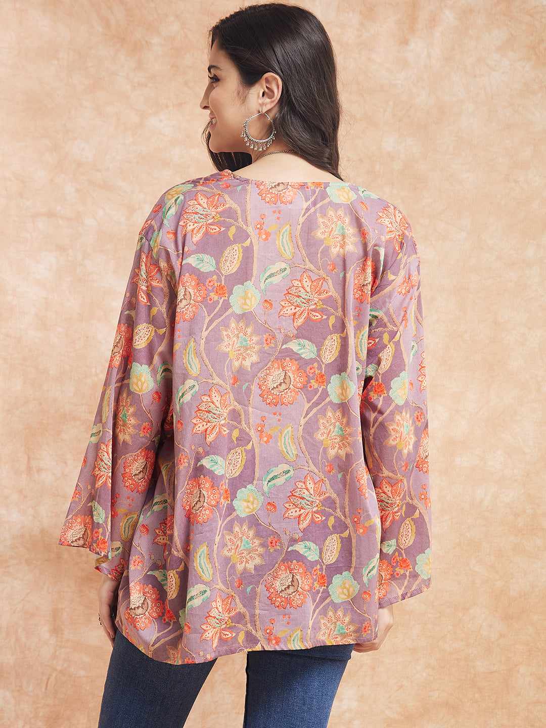 InWeave Women's Dove Grey Floral Digital Print Kaftan Boho Top - Swadesiicart