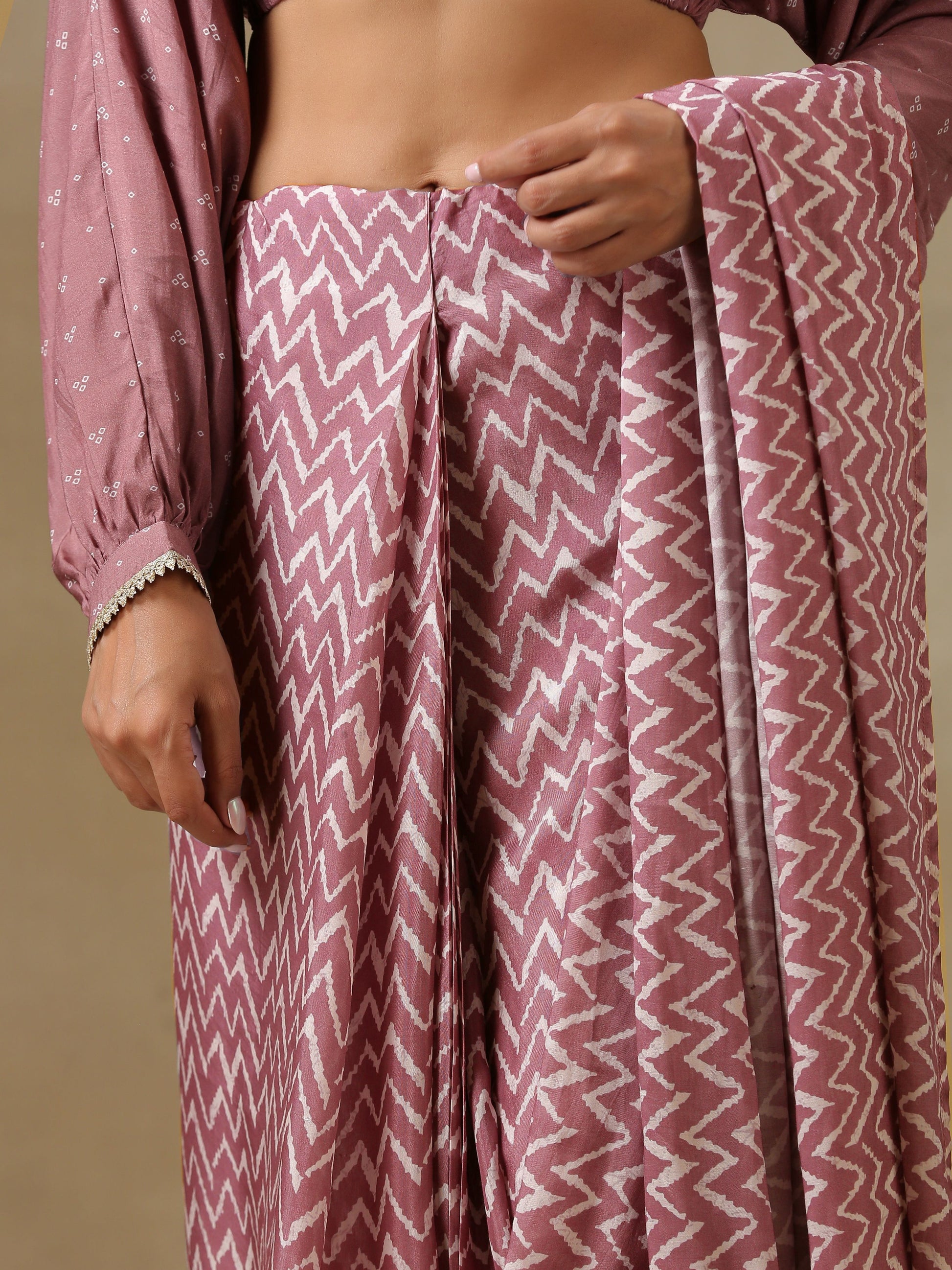 trueBrowns Dark Mauve Bandhani Printed SilkReady to Wear Saree | Swadesiicart