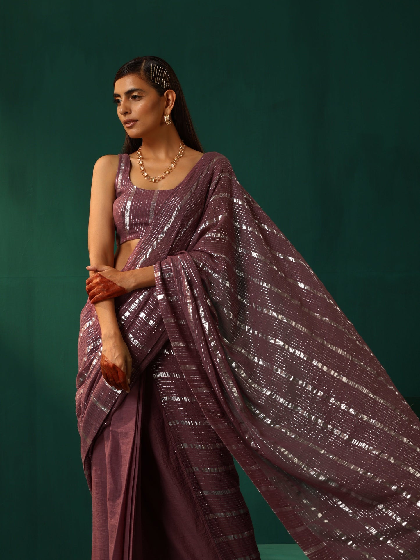 trueBrowns Mauve Cotton Silver Lurex Striped Ready to Wear Saree | Swadesiicart