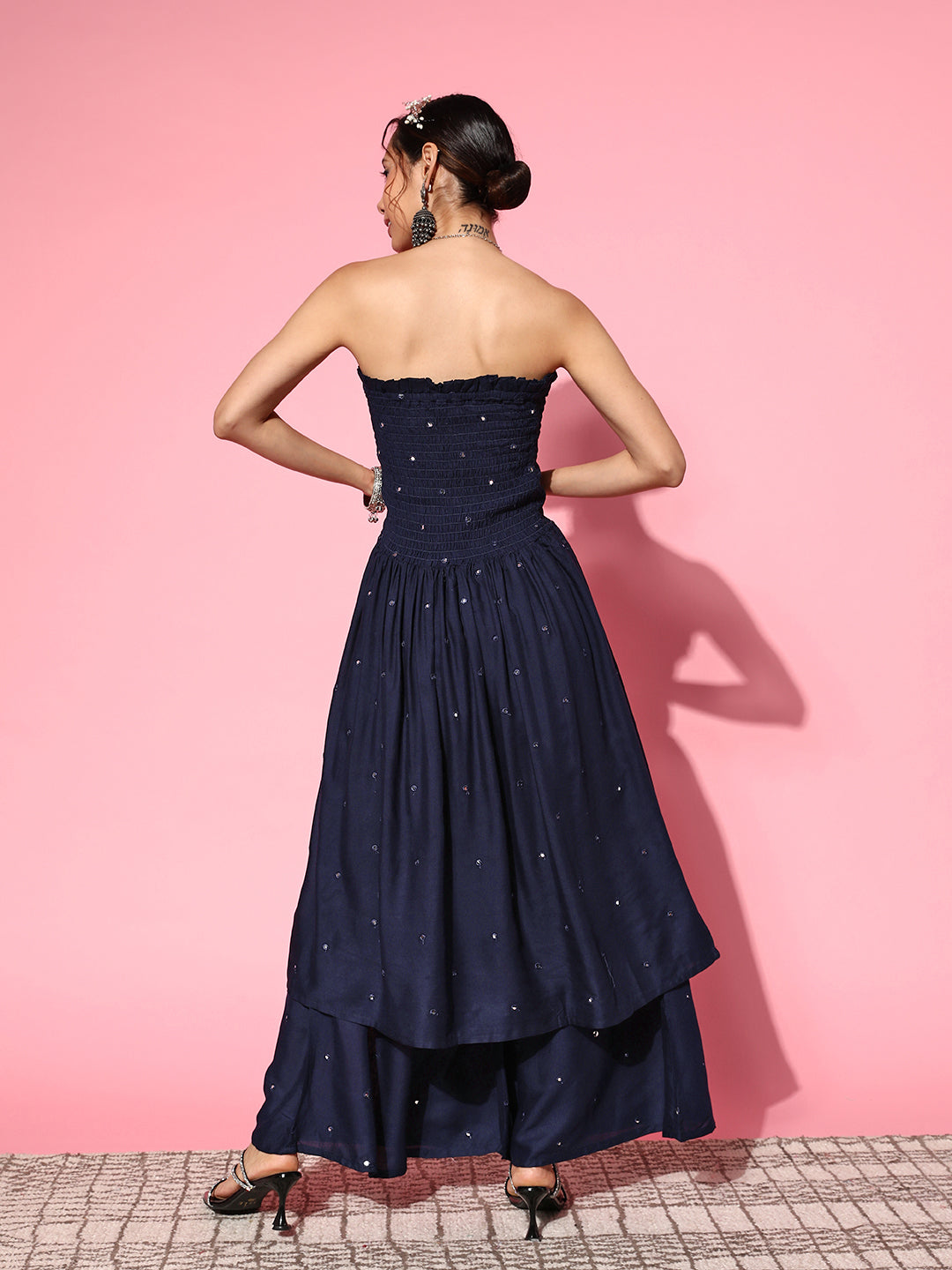 InWeave Women's Navy Blue Mirror Work Off Shoulder Kurta Set - Swadesiicart