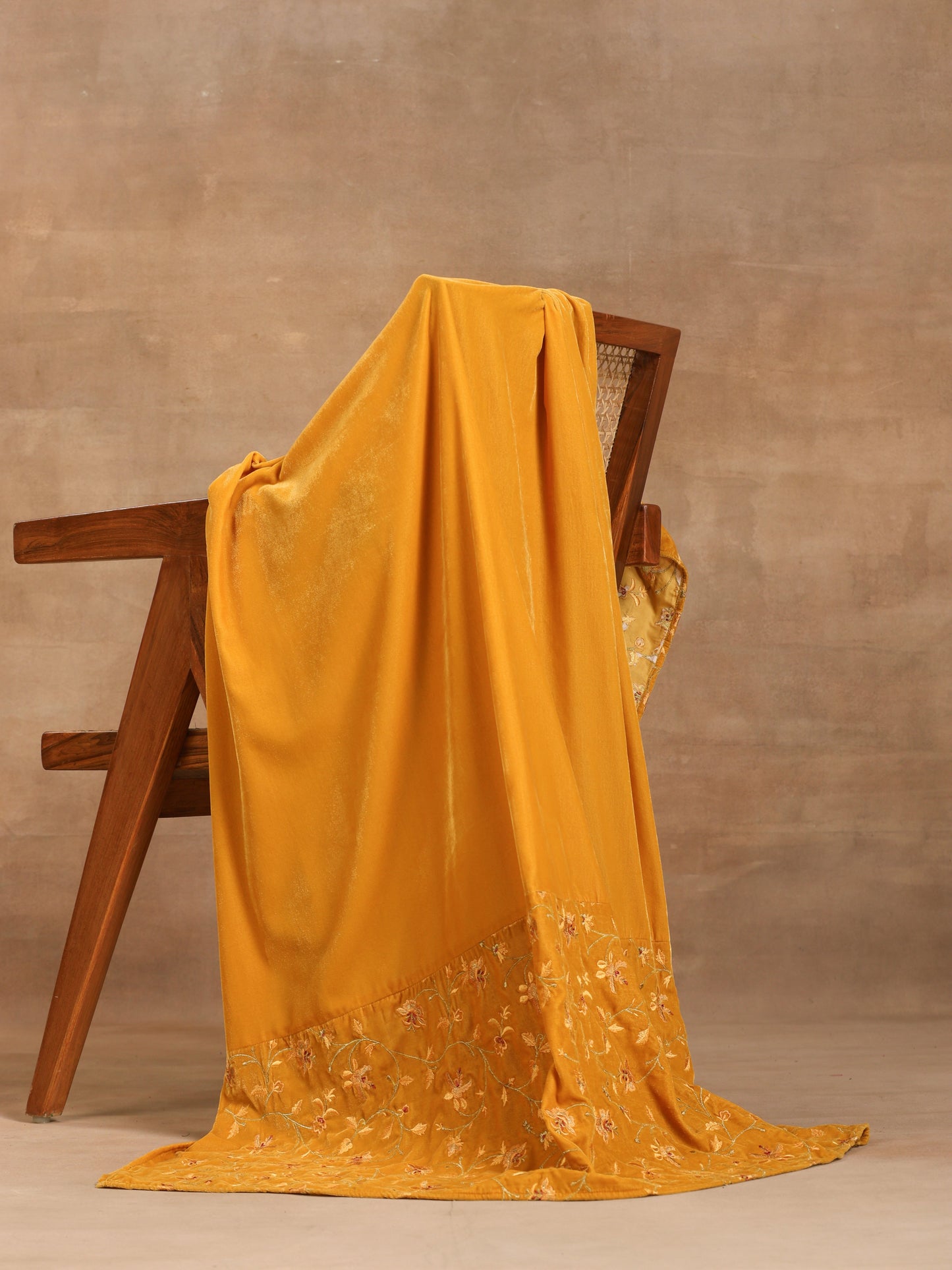 trueBrowns Mustard Velvet Embroidered Shawl | Swadesiicart