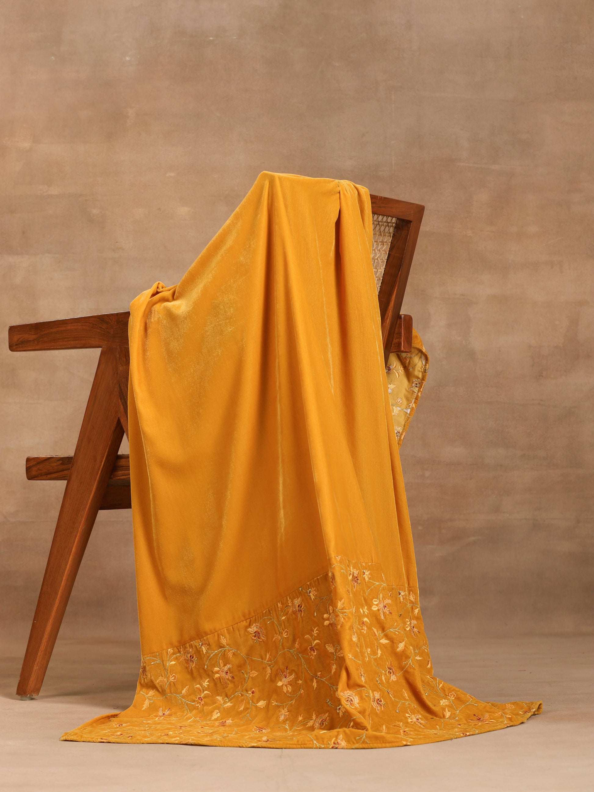 trueBrowns Mustard Velvet Embroidered Shawl | Swadesiicart