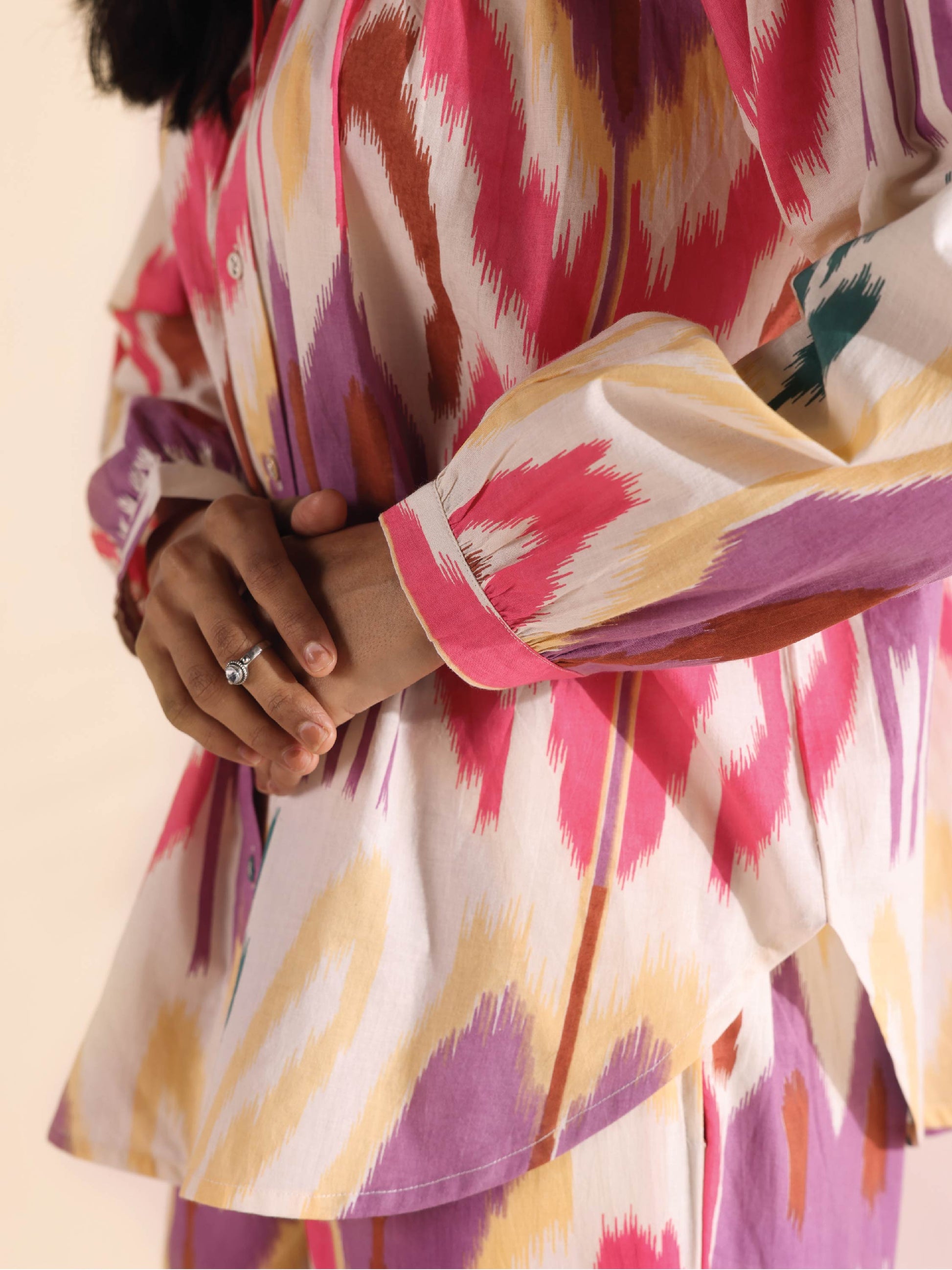 trueBrowns Pink Cotton Ikat Shirt Co-ord Set - Swadesiicart