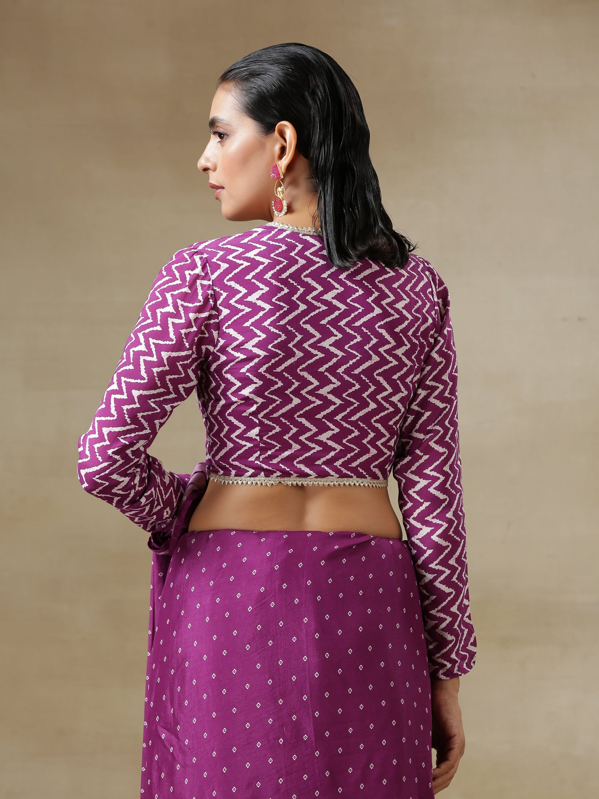 trueBrowns Purple Bandhani Printed Silk Full Sleeve Blouse | Swadesiicart