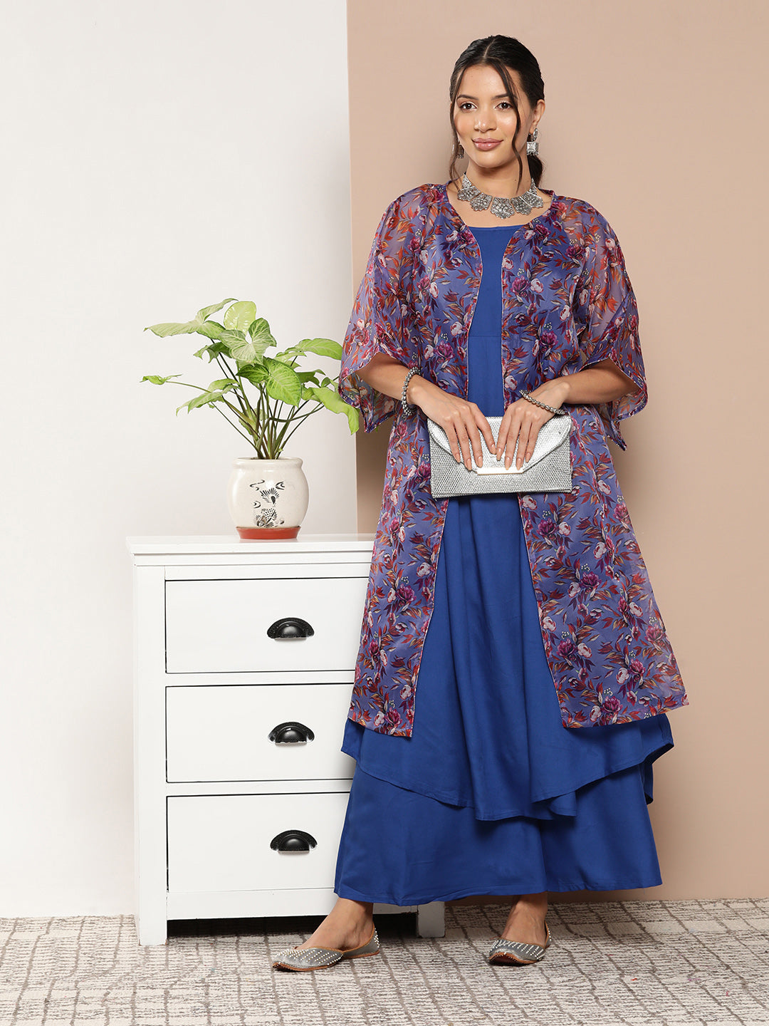 InWeave Ink Blue Strappy Set With Mauve Print Floral Cape - Swadesiicart