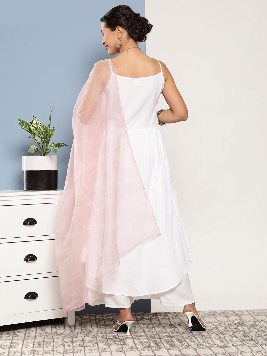 InWeave Women's Cream Strappy With Pink White Chintz Organza Dupatta - Swadesiicart