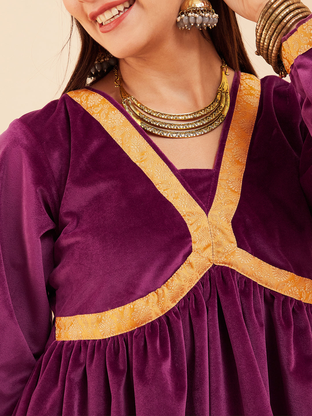 InWeave Women's Wine Mughal Shaan Style Velvet Short Kurta Set - Swadesiicart