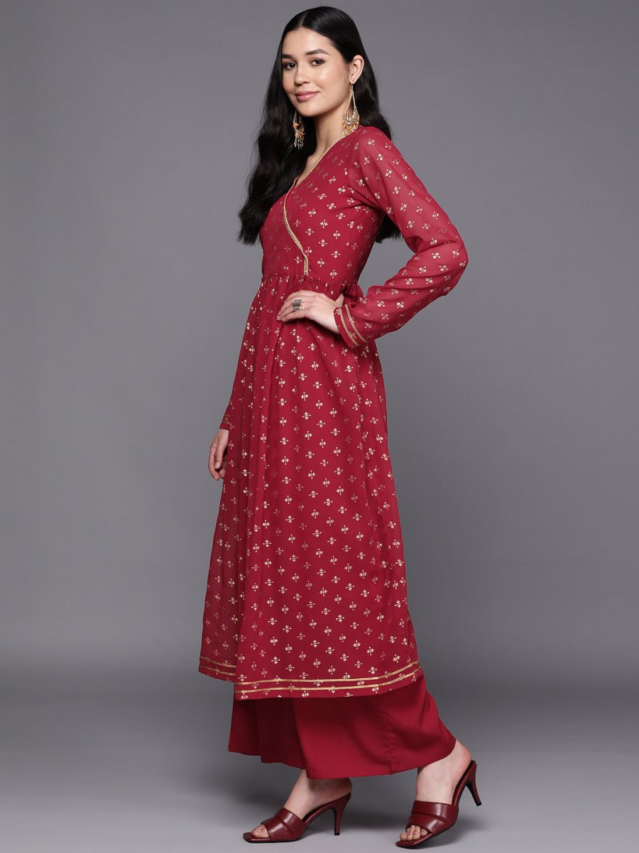 Ahalyaa Women Maroon Floral Empire Kurta with Palazzos | Swadesiicart