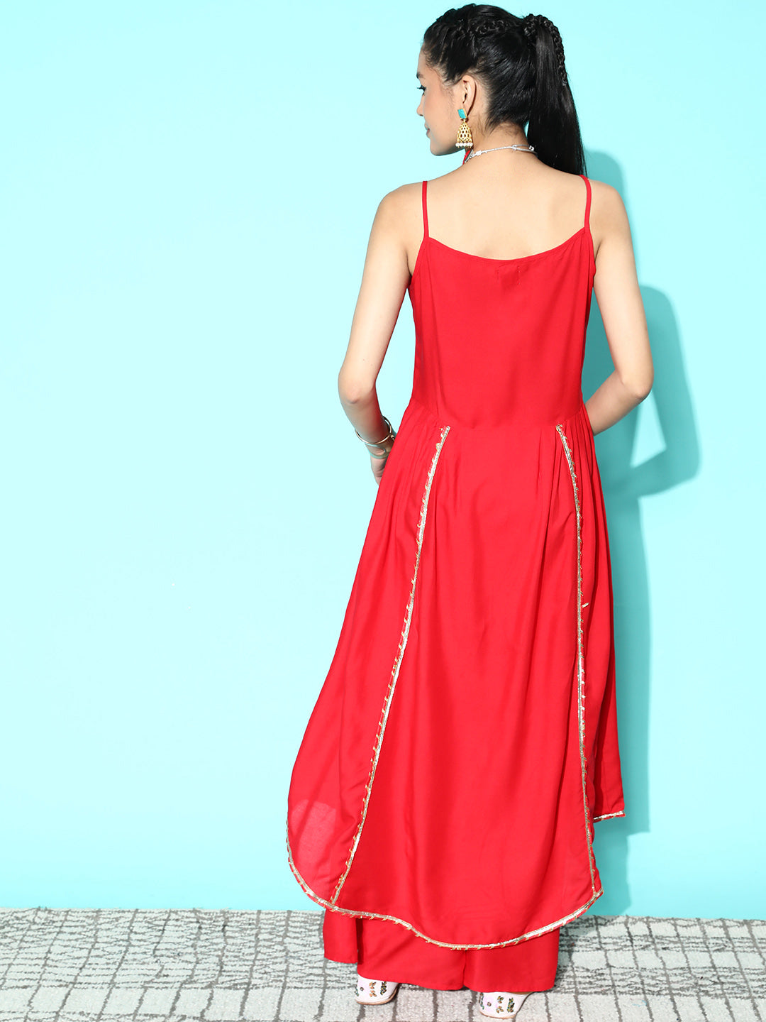 InWeave Women's Red Gota Strappy Kurta Set - Swadesiicart