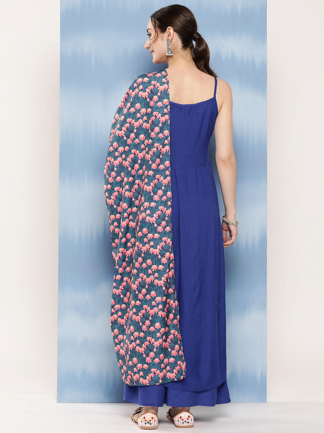 InWeave Women's Ink Blue Strappy Set With Navy Pink Lotus Cr Dupatta - Swadesiicart