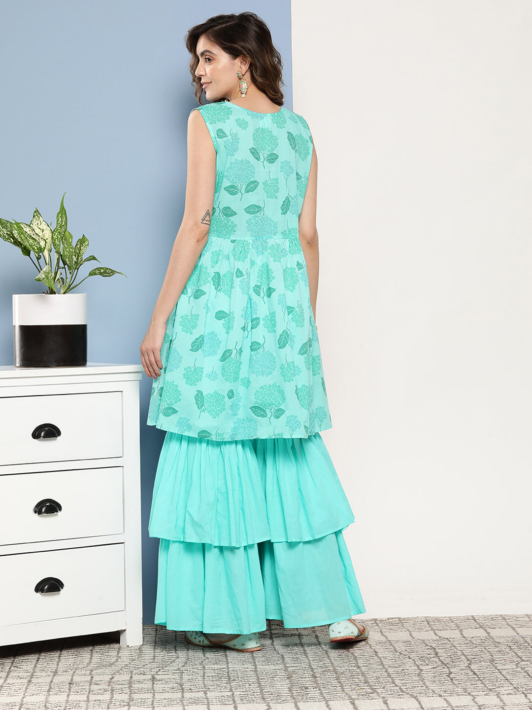 InWeave Women's Turquoise Printed Chintz Tiered Sharara Set - Swadesiicart