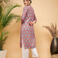 InWeave Women's Red Blue Ogee Print Gota Straight Kurta - Swadesiicart