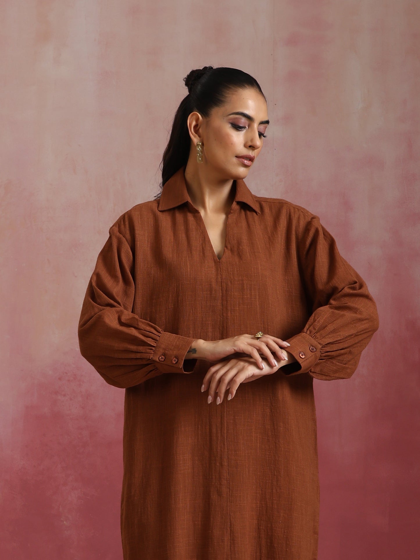 trueBrowns Brown Cotton Dobby Dress | Swadesiicart