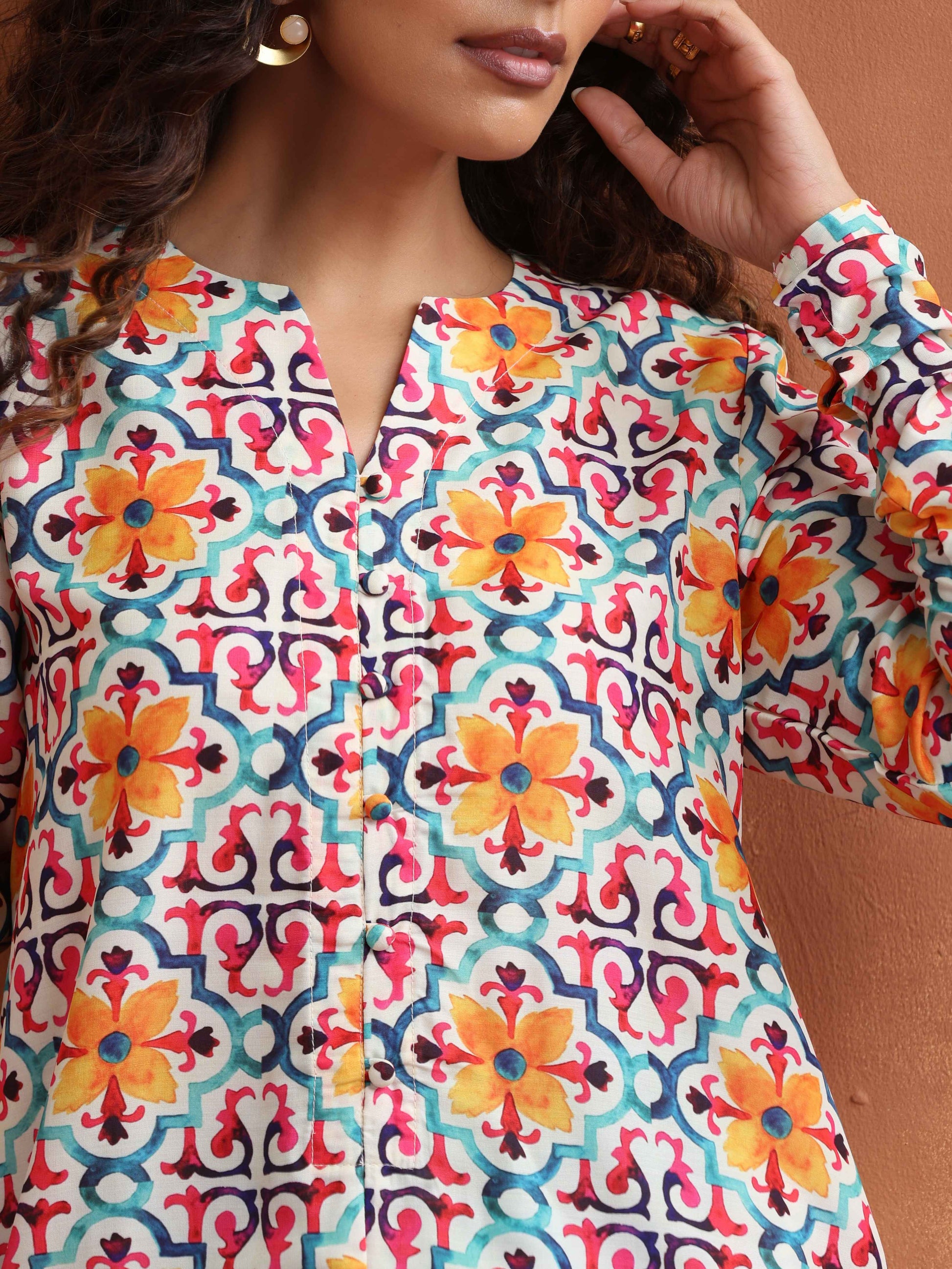 trueBrowns Off White Print Kurta Co-ord Set - Swadesiicart