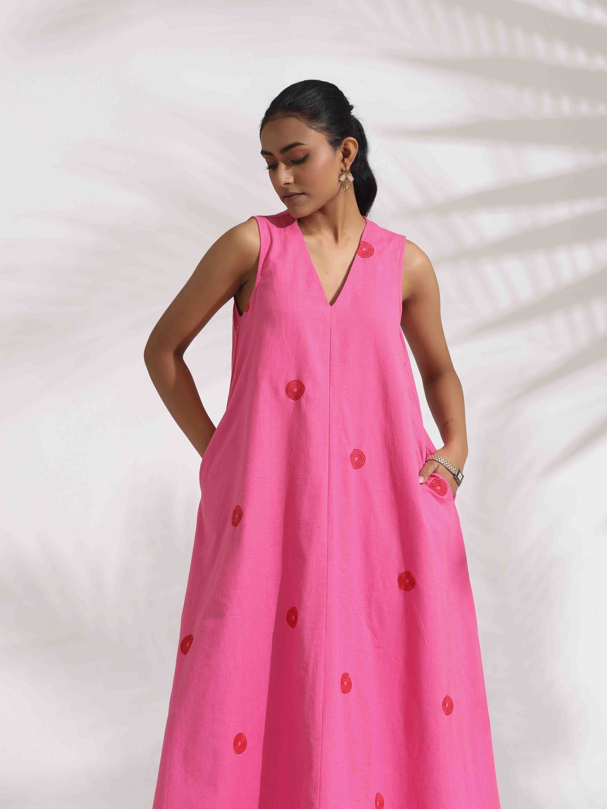 trueBrowns Pink Cotton Embroidered Flared Dress | Swadesiicart